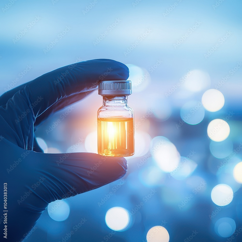 Poster glowing vial held by robotic arm in lab setting