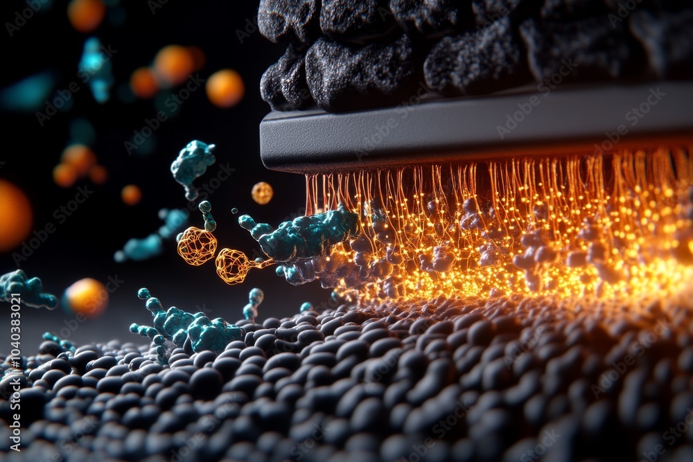 Poster futuristic ion channels in an advanced human cell membrane, with glowing, high-tech elements and dig