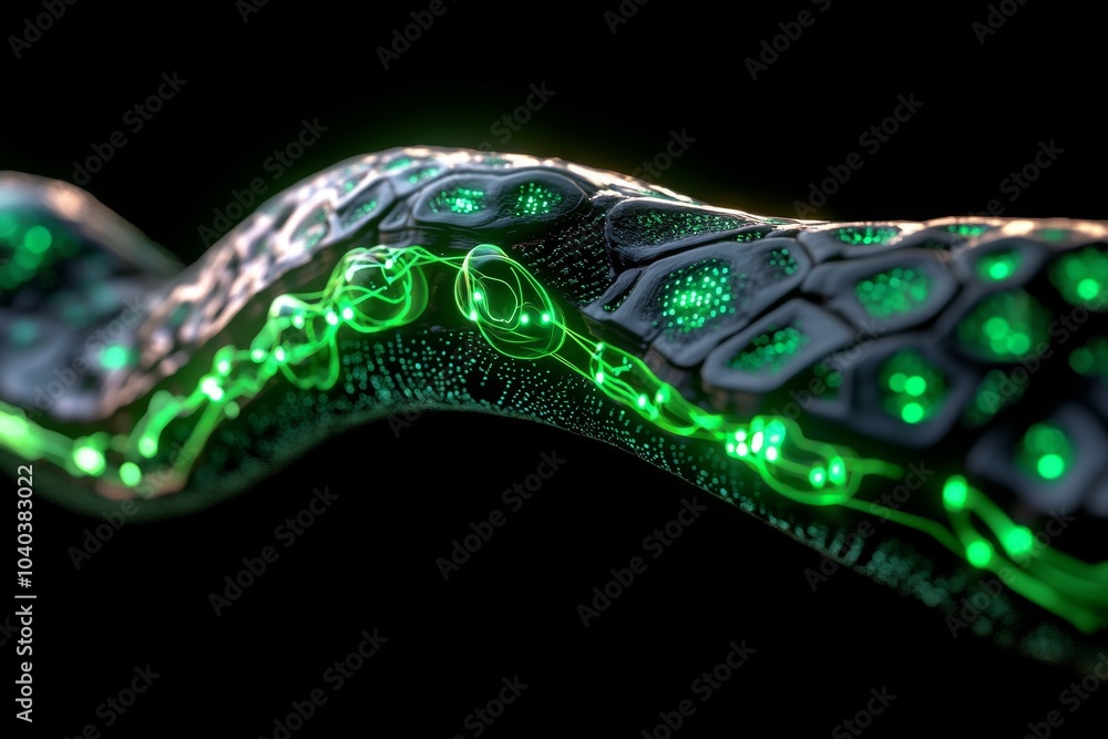 Poster futuristic ion channels in an advanced human cell membrane, with glowing, high-tech elements and dig