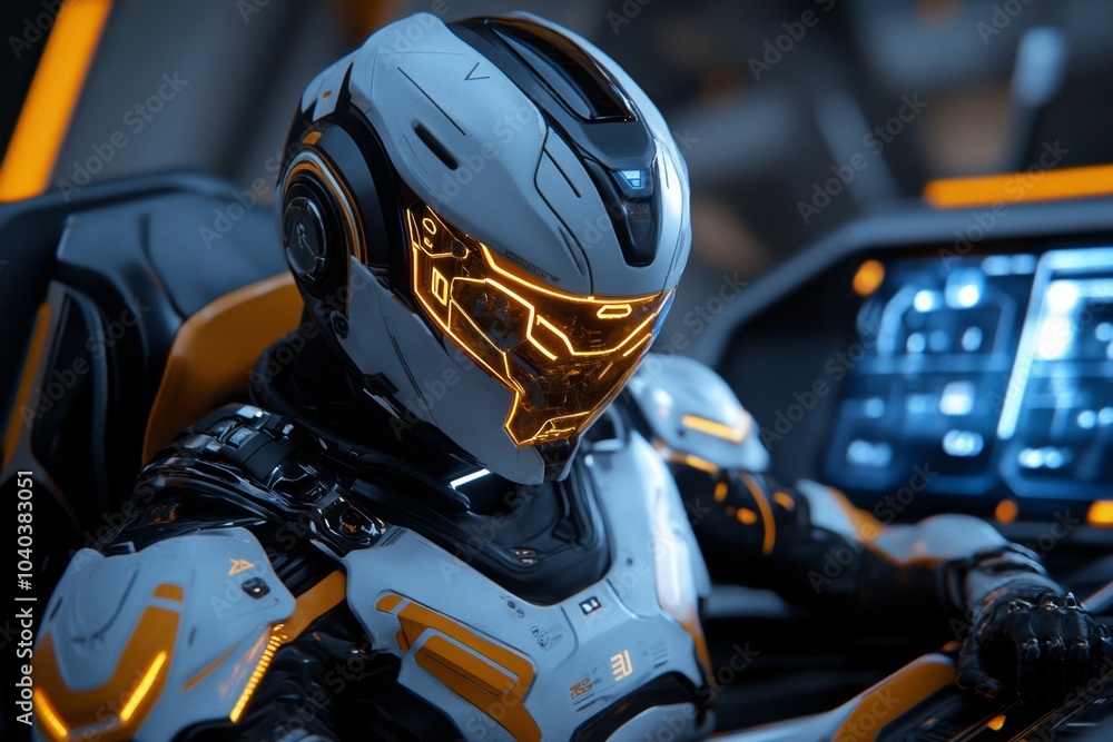 Poster Futuristic mechanical engineer working with advanced robotic systems, in a lab filled with glowing interfaces and high-tech machinery