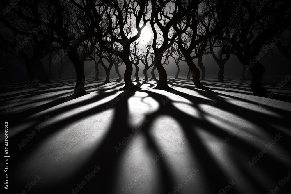 Poster gothic november forest, with long shadows cast by twisted trees and a full moon illuminating the fal