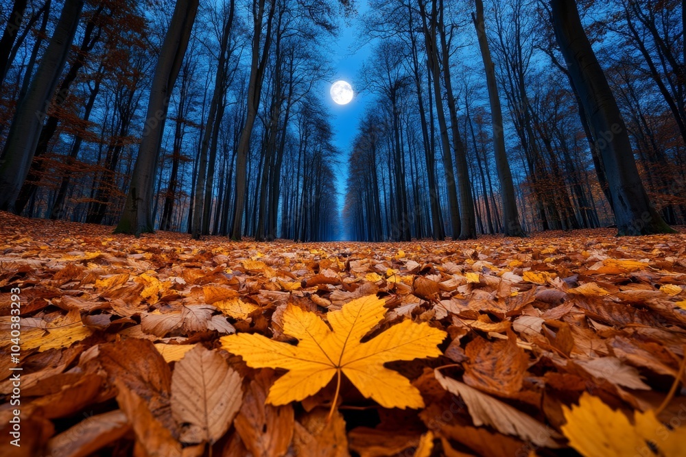 Poster gothic november forest, with long shadows cast by twisted trees and a full moon illuminating the fal