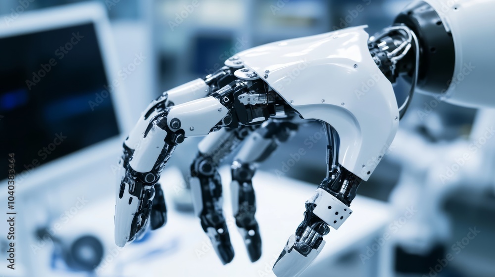Poster An advanced robotic arm in operation with a focus on joints and movements, clean lab environment with precise lighting, Tech style