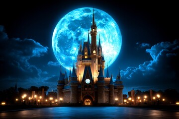 Naklejka premium Gothic castle illuminated by a cerulean moon, casting eerie blue light over the dark, shadowy landscape below