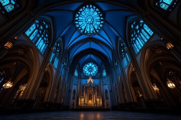 Fototapeta premium Gothic cathedral with cerulean stained glass windows, glowing in the moonlight and casting soft blue light across the stone interior
