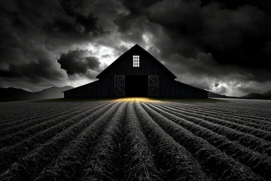 Gothic barn at dusk, with dark clouds rolling in and eerie shadows cast on the harvested fields, creating a haunting harvest atmosphere