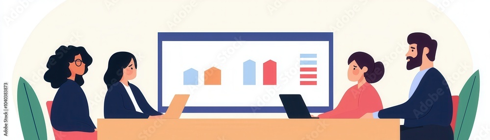Poster a graphic illustration of a diverse team in a meeting, discussing data displayed on a screen while s