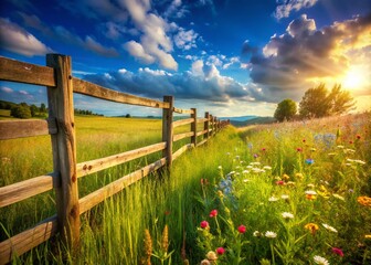 Obraz premium Wooden Fence in a Serene Field - Nature Photography for Landscape Lovers