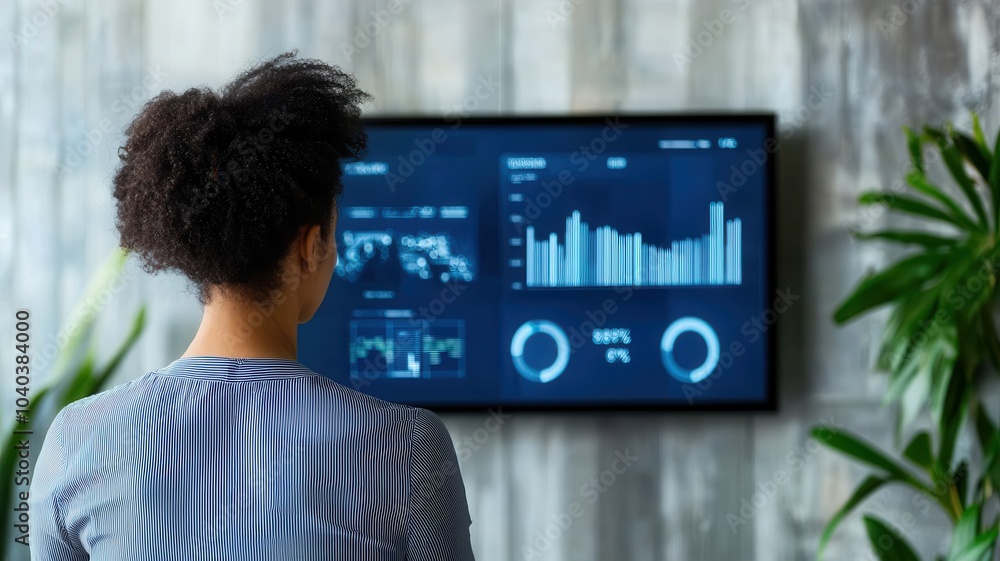 Poster a person analyzes data displayed on a digital screen, surrounded by greenery in a modern workspace.