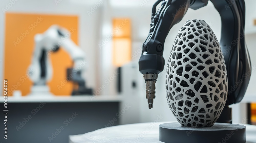 Poster An advanced robotic arm sculpting intricate designs in a modern art studio, clean and creative environment with a focus on artistic robotics, Artistic style