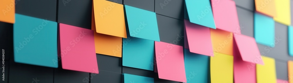 Poster a vibrant array of sticky notes in various colors on a black background, showcasing creativity and o