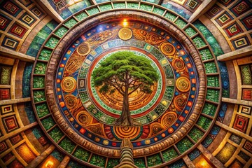 World Tree Sprouting from Spiral Maze - Mythical Aztec Symbolism for Nature and Culture