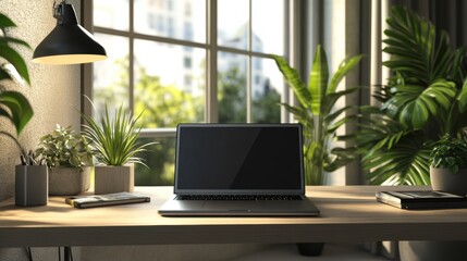Fototapeta premium The desk features a sleek laptop surrounded by greenery, illuminated by sunlight entering through a large window. Generative AI