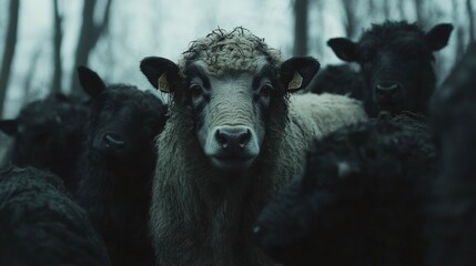 Fototapeta premium A white cow stands out from a herd of black sheep in a misty forest.