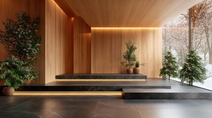 An elegantly designed interior space featuring modern steps leading to a viewing area with large windows, opening to a scenic garden framed by winter trees.