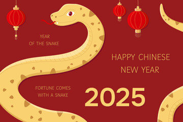 New year background with the symbol of 2025 snake and Chinese lanterns. Fortune comes with a snake. Year of the snake cute vector illustration. Golden snake on red background. Lunar new year 2025