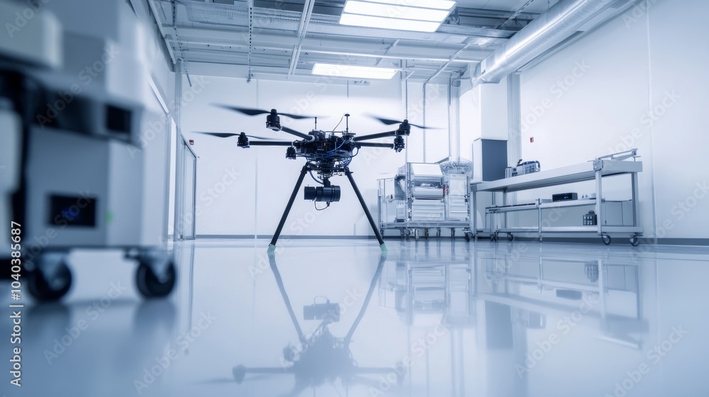 Poster An advanced robotic system conducting automated inspection of high-end drones in a clean, high-tech drone facility, modern and precise environment with a focus on drone technology