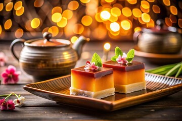 Fototapeta premium Yokan Delight: Bokeh Effect Illustration of Japanese Jelly Dessert with Red Bean Paste, Sugar, and Agar for Culinary