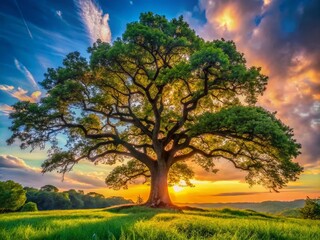 Fototapeta premium Young Oak Tree Silhouette in Garden at Sunset - Nature Photography