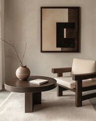 Minimalist interior design of modern living room with dark wooden armchair and abstract wall art
