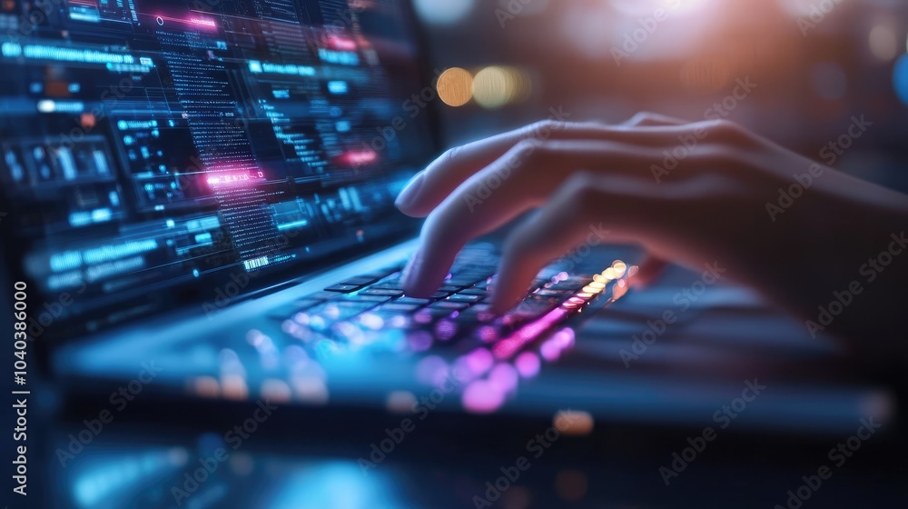 Poster exploring the digital realm a close-up of hands typing on a futuristic laptop with glowing keyboard 