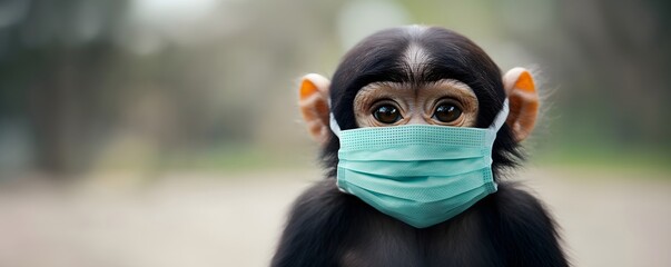 Sick monkey in medical mask and orthopoxvirus MPOX cells. Transmission monkeypox virus viral of animals to humans. Pox viral infection. Smallpox vaccine, control spread of disease