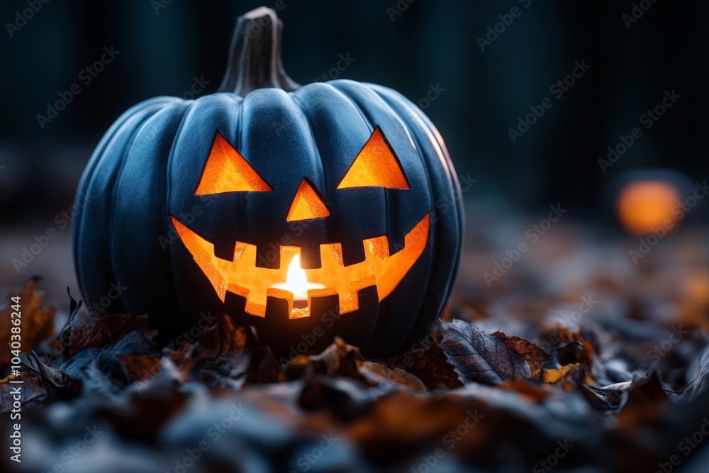 Poster hyper-realistic close-up of a glowing jack-o'-lantern, with every detail of the carved face and flic