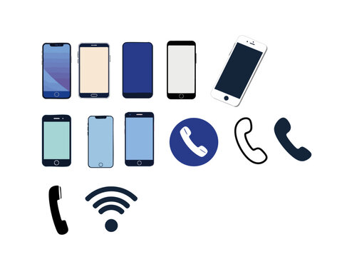 Vector illustration of various cell phone types with call icons, digital communication concept