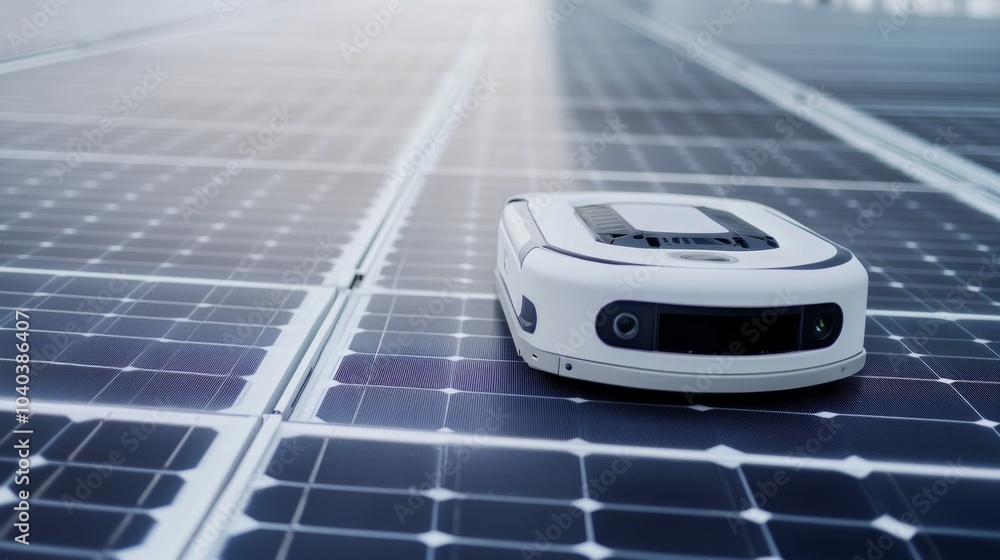Poster an advanced robotic system conducting automated inspection of solar panels in a clean renewable ener