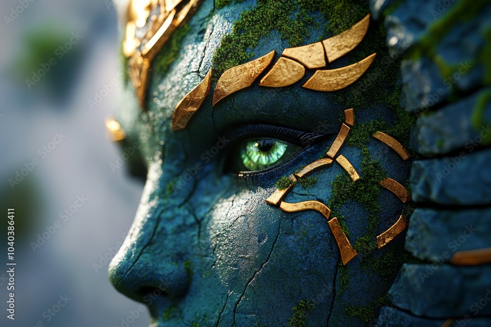 Poster hyper-realistic close-up of an angelâ€™s face, with every crack in the stone and soft moss growing a