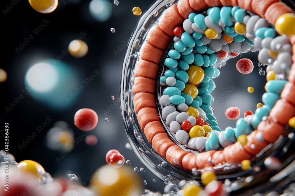 Poster Hyper-realistic close-up of an ion channel embedded in a human cell membrane, showing the atomic-level structure and movement of ions