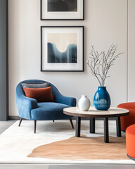 Minimalist interior design of modern living room with blue armchair and abstract wall art
