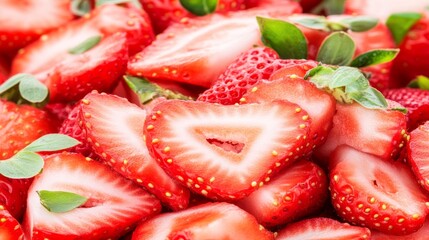 Close-up of fresh, sliced strawberries with green leaves.