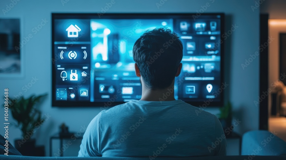 Poster exploring the future a man interacting with advanced smart technology on a large screen display