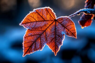 Hyper-realistic close-up of frost on a leaf, with intricate details of the ice crystals and the leaf&acirc;&euro;&trade;s texture, capturing the crispness of a November morning