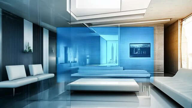 A modern, minimalist interior featuring sleek furniture and futuristic digital elements.