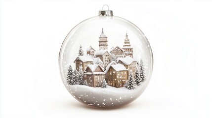 town captured in the christmas transparent bauble isoalted on white background in the winter
