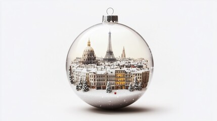 paris in a christmast bauble isolated o white background