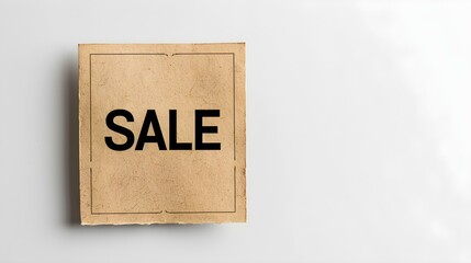 Black 'SALE' Text on a Dark Brown Square Paper Note. White Background with Copy Space