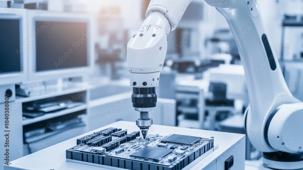 Leinwandbilder An advanced robotic system performing automated quality inspection of high-end electronics in a clean manufacturing facility, modern and precise environment with a focus on electronics quality control