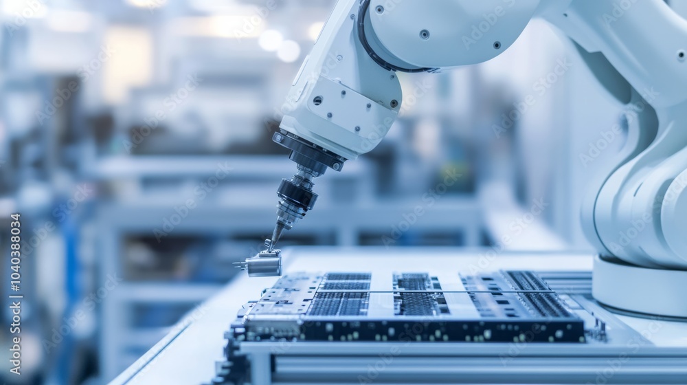 Poster An advanced robotic system performing automated quality inspection of high-end electronics in a clean manufacturing facility, modern and precise environment with a focus on electronics quality control