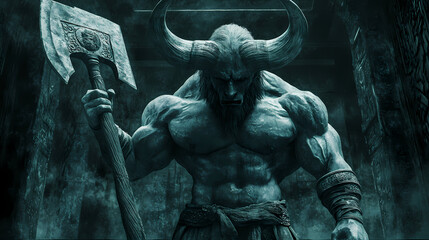 Fearsome minotaur in a labyrinth wielding a massive axe with imposing horns and a powerful stance. minotaur. illustration. Minotaur Labyrinth. Illustration