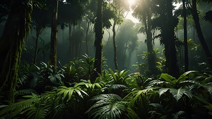 Amazon Rainforest, with dense, vibrant greenery and towering trees