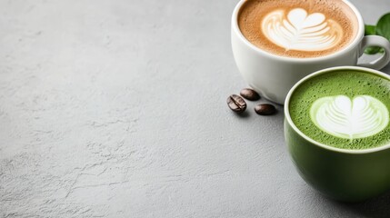 This image presents two ceramic coffee cups, one with a frothy coffee latte and the other a vibrant matcha latte, both featuring intricate latte art designs on their surfaces.