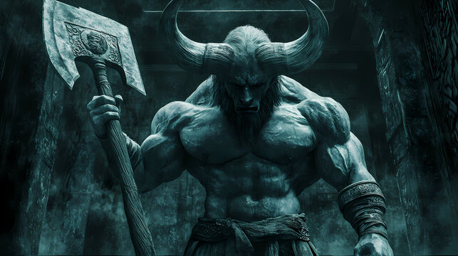 Fearsome minotaur in a labyrinth wielding a massive axe with imposing horns and a powerful stance. minotaur. illustration. Minotaur Labyrinth. Illustration