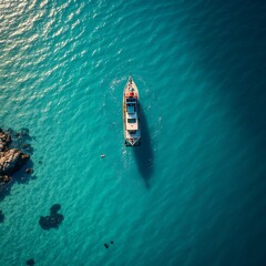 Serene Drift: Aerial View of Boat on Clear Waters