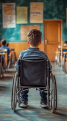 Obraz premium Child in wheelchair in classroom facing chalkboard