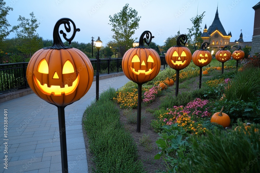 Poster magical pumpkins glowing with enchanted light, floating gently above a pumpkin patch at twilight, wi