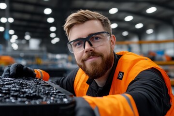 Mechanical engineer inspecting gears in an assembly line, wearing safety gear and using technical tools to check for precision