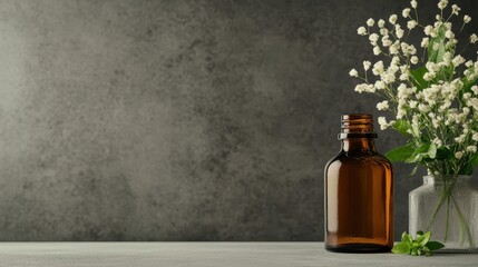 A simple amber bottle is displayed beside a delicate arrangement of white flowers, creating a contrast against a textured background, emphasizing minimalist beauty.